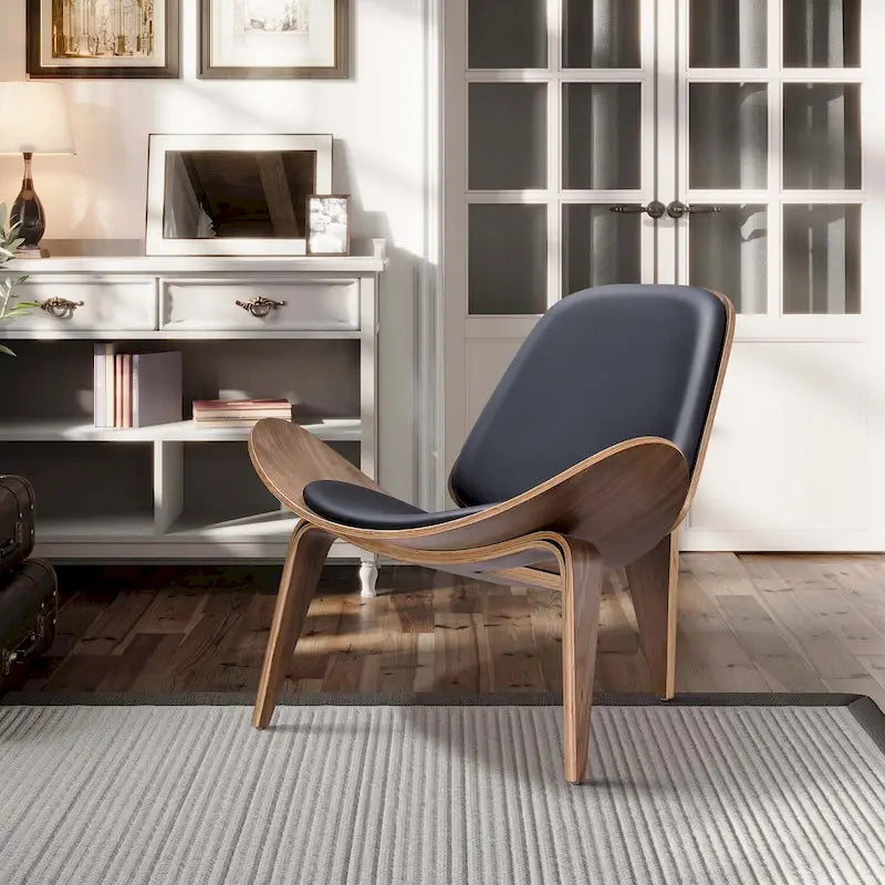 Mid-Century Shell Lounge Chair, Upholstered Faux Leather with Walnut Wood Legs, 3-Leg Design