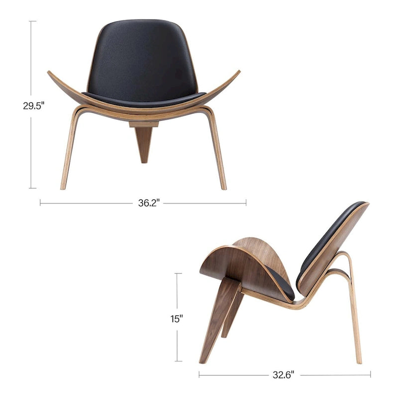 Mid-Century Shell Lounge Chair, Upholstered Faux Leather with Walnut Wood Legs, 3-Leg Design