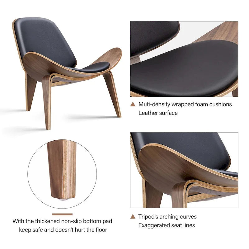 Mid-Century Shell Lounge Chair, Upholstered Faux Leather with Walnut Wood Legs, 3-Leg Design