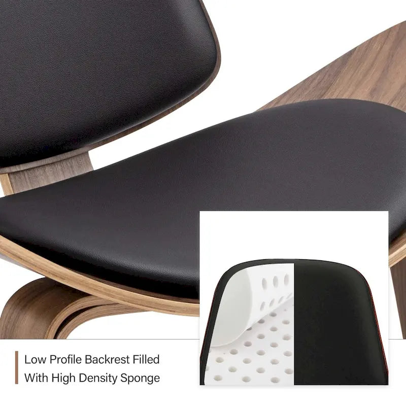 Mid-Century Shell Lounge Chair, Upholstered Faux Leather with Walnut Wood Legs, 3-Leg Design