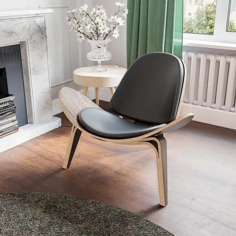 Mid-Century Shell Lounge Chair, Upholstered Faux Leather with Walnut Wood Legs, 3-Leg Design
