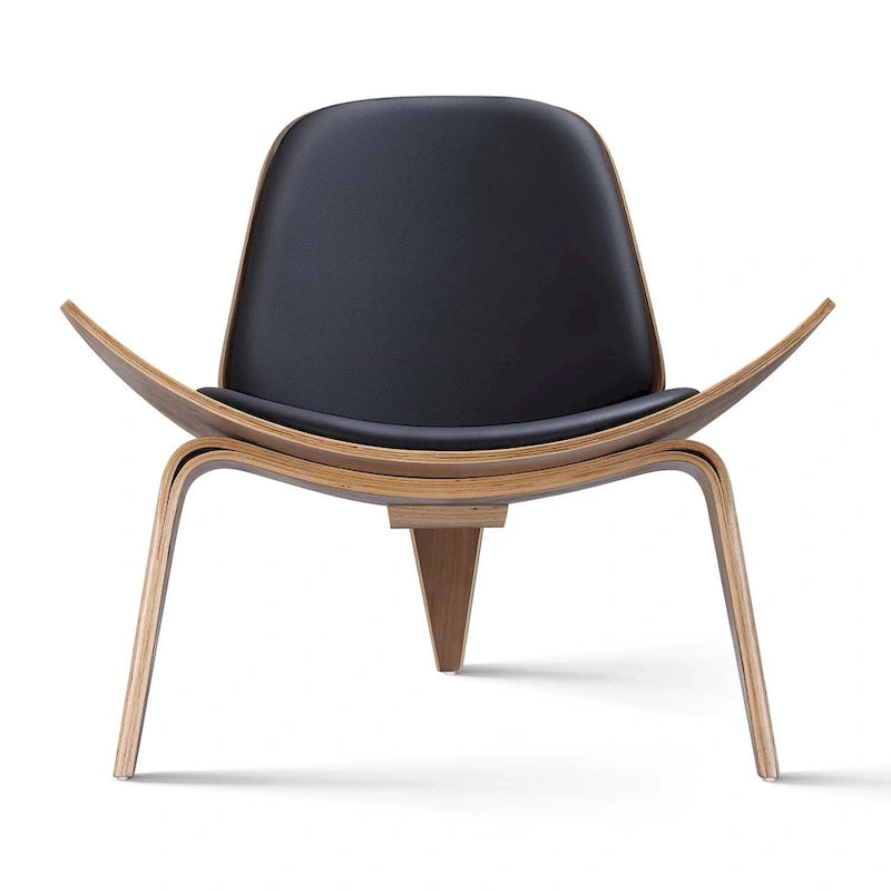 Mid-Century Shell Lounge Chair, Upholstered Faux Leather with Walnut Wood Legs, 3-Leg Design