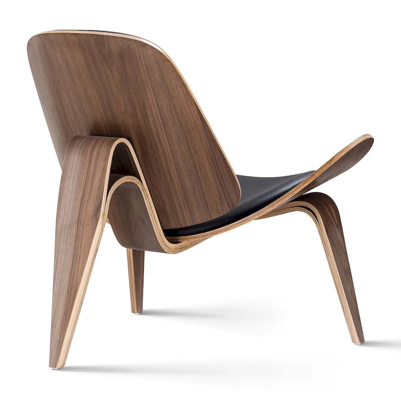 Mid-Century Shell Lounge Chair, Upholstered Faux Leather with Walnut Wood Legs, 3-Leg Design