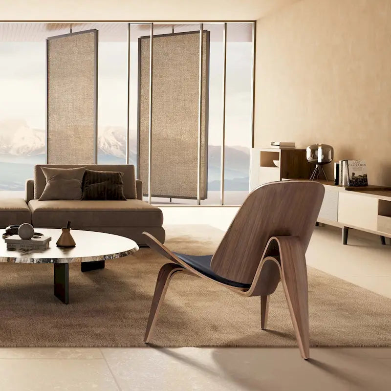 Mid-Century Shell Lounge Chair, Upholstered Faux Leather with Walnut Wood Legs, 3-Leg Design