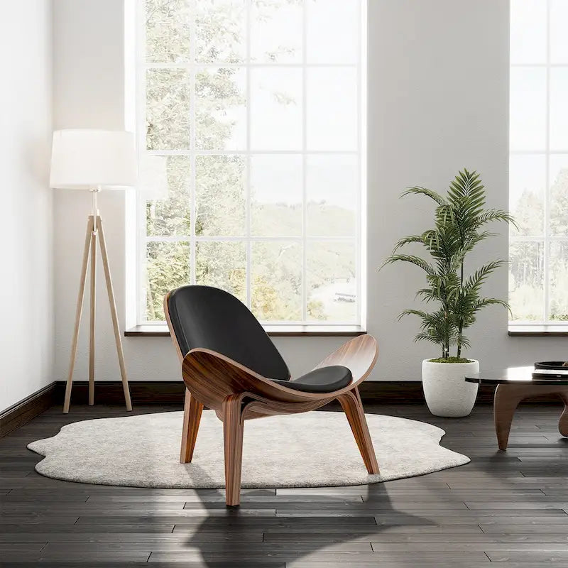 Mid-Century Shell Lounge Chair, Upholstered Faux Leather with Walnut Wood Legs, 3-Leg Design