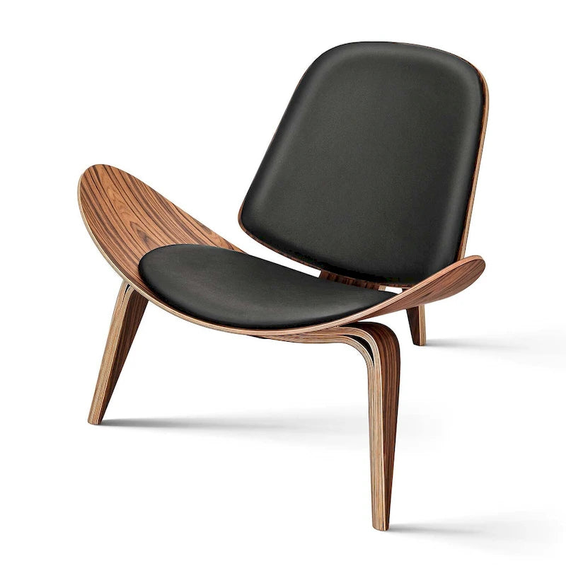 Mid-Century Shell Lounge Chair, Upholstered Faux Leather with Walnut Wood Legs, 3-Leg Design