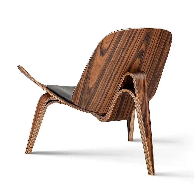 Mid-Century Shell Lounge Chair, Upholstered Faux Leather with Walnut Wood Legs, 3-Leg Design