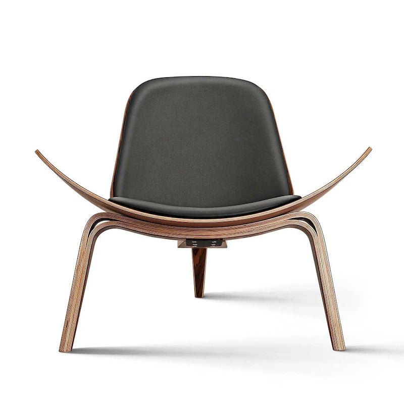 Mid-Century Shell Lounge Chair, Upholstered Faux Leather with Walnut Wood Legs, 3-Leg Design