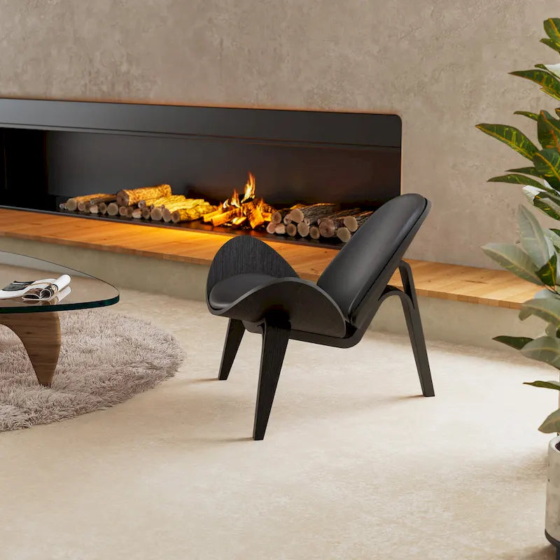 Mid-Century Shell Lounge Chair, Upholstered Faux Leather with Walnut Wood Legs, 3-Leg Design