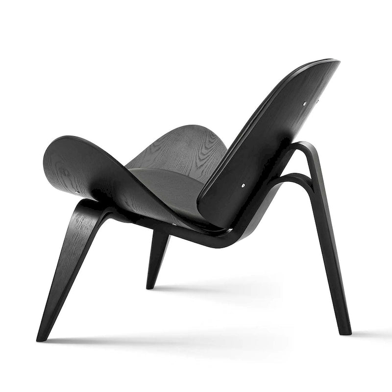 Mid-Century Shell Lounge Chair, Upholstered Faux Leather with Walnut Wood Legs, 3-Leg Design