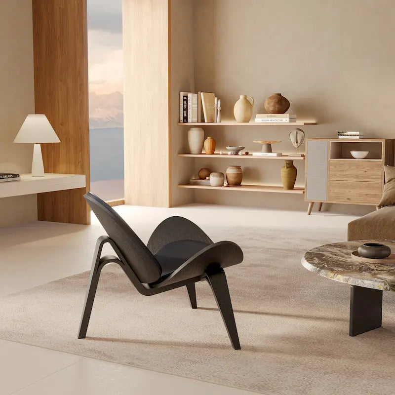 Mid-Century Shell Lounge Chair, Upholstered Faux Leather with Walnut Wood Legs, 3-Leg Design