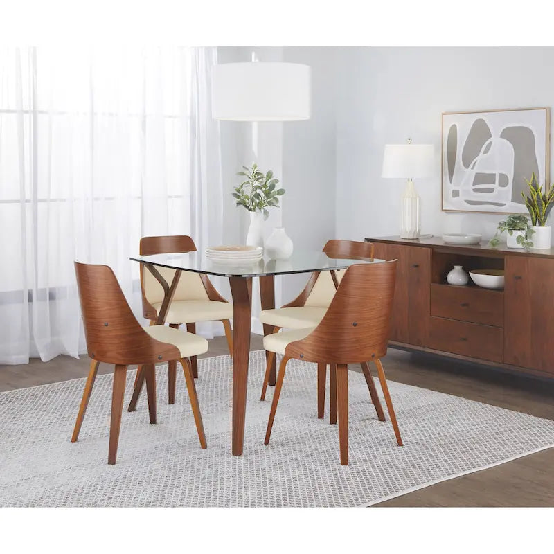 Mid-Century Modern Square Dining Table, Walnut Finish, Seats 4, Splayed Tapered Legs