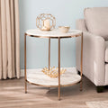 Round Faux Marble Side Table with Storage Shelf, Champagne Finish, Glam to Modern Style