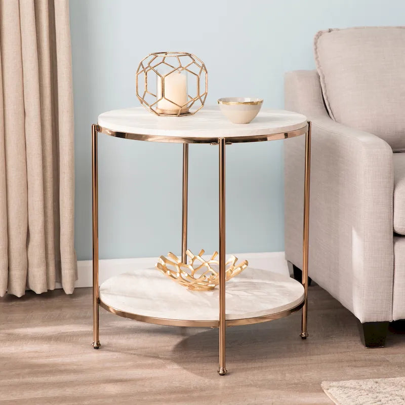 Round Faux Marble Side Table with Storage Shelf, Champagne Finish, Glam to Modern Style