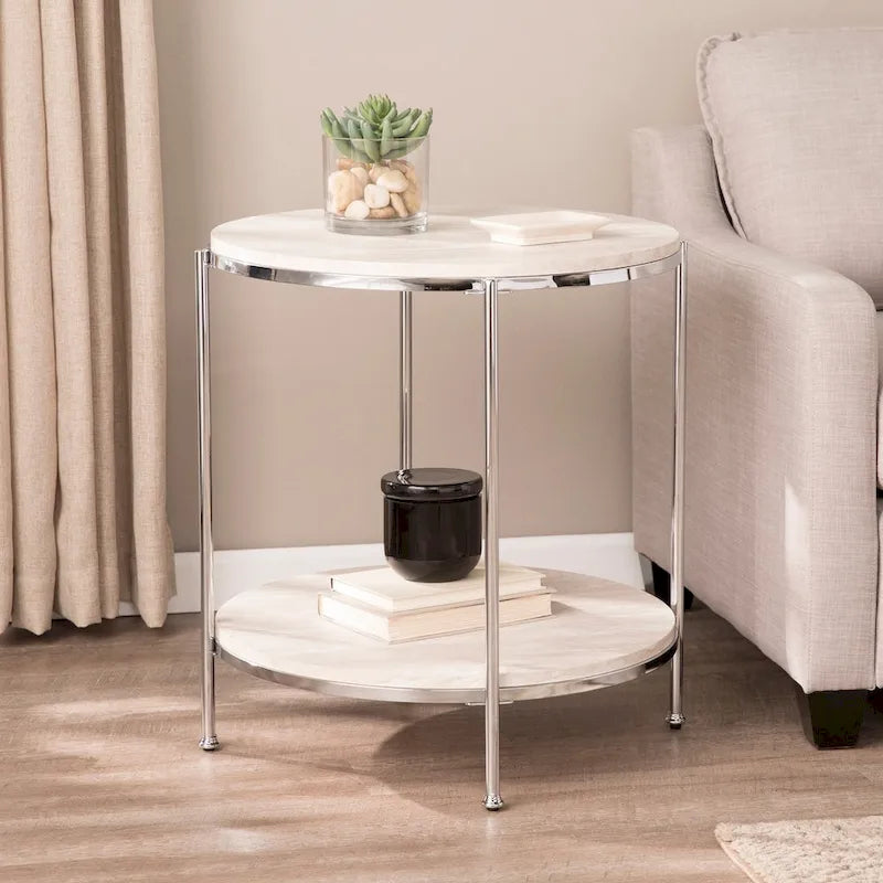 Round Faux Marble Side Table with Storage Shelf, Champagne Finish, Glam to Modern Style