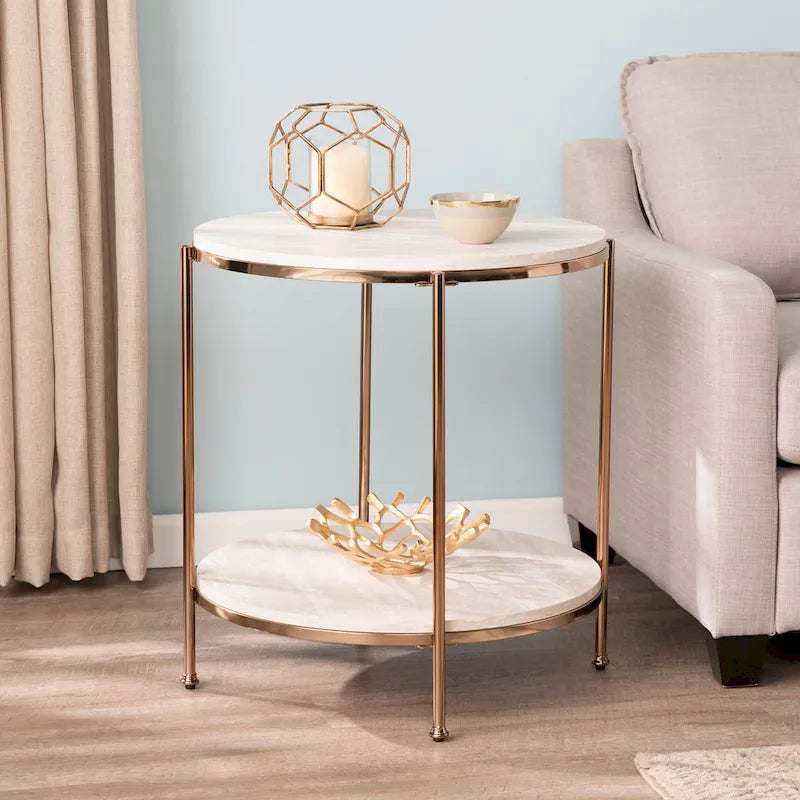Round Faux Marble Side Table with Storage Shelf, Champagne Finish, Glam to Modern Style