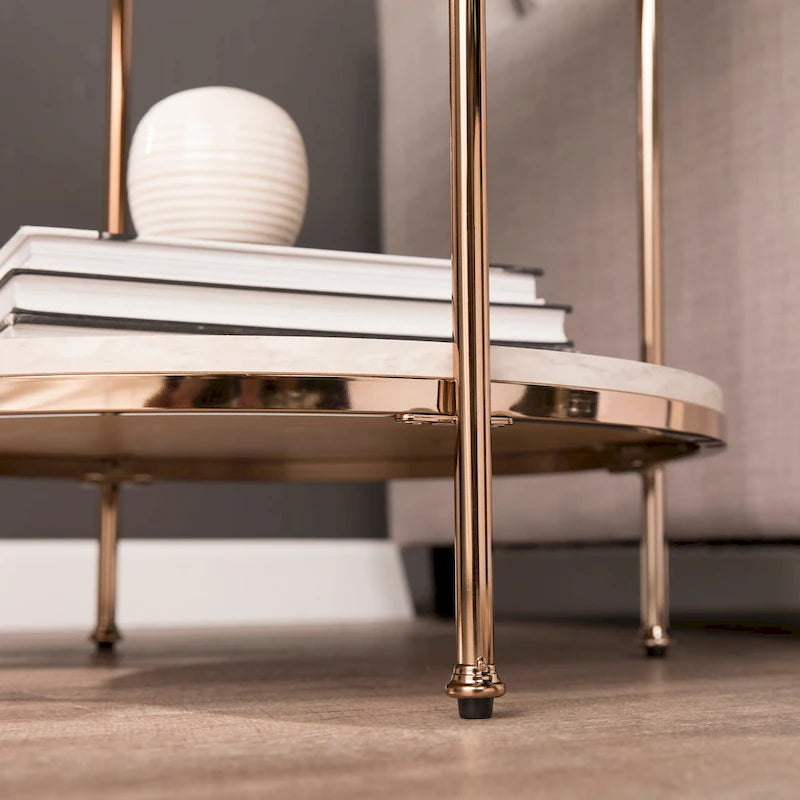 Round Faux Marble Side Table with Storage Shelf, Champagne Finish, Glam to Modern Style