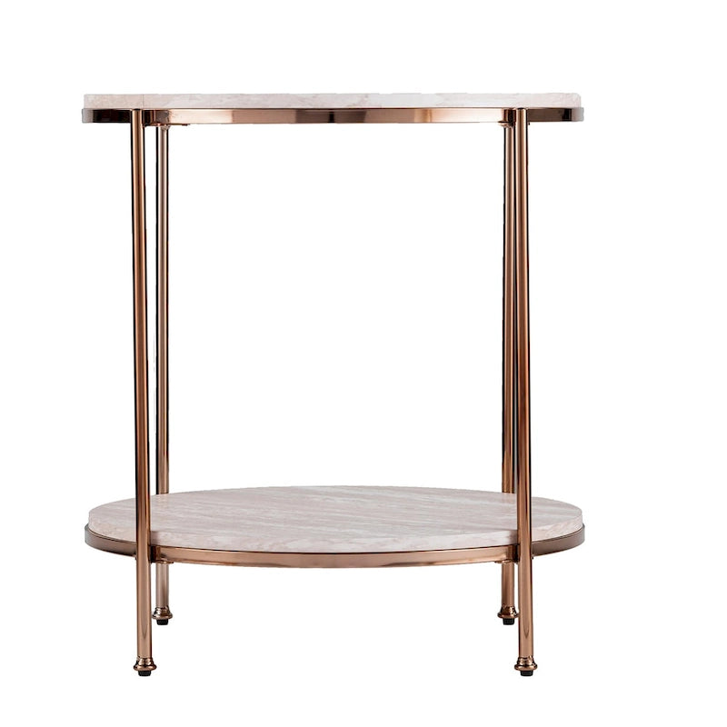 Round Faux Marble Side Table with Storage Shelf, Champagne Finish, Glam to Modern Style