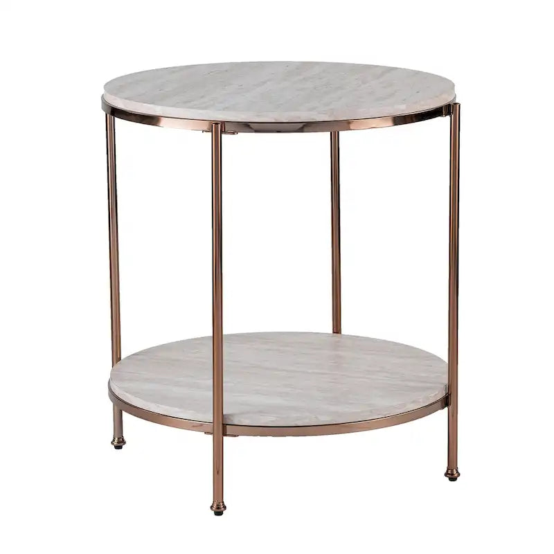 Round Faux Marble Side Table with Storage Shelf, Champagne Finish, Glam to Modern Style