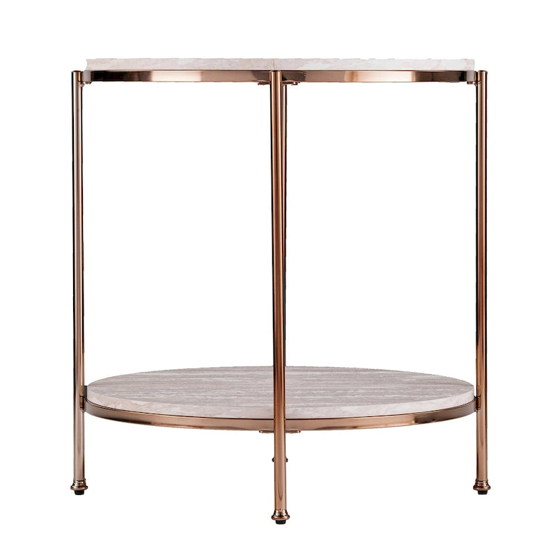 Round Faux Marble Side Table with Storage Shelf, Champagne Finish, Glam to Modern Style