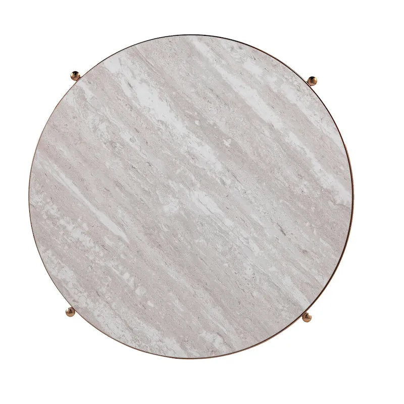 Round Faux Marble Side Table with Storage Shelf, Champagne Finish, Glam to Modern Style