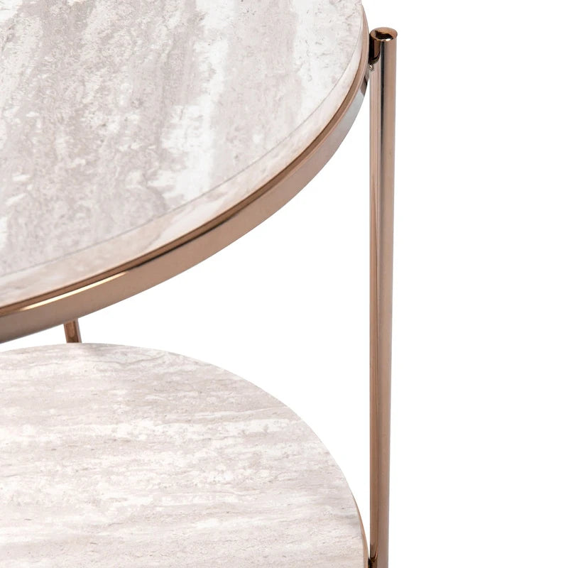 Round Faux Marble Side Table with Storage Shelf, Champagne Finish, Glam to Modern Style