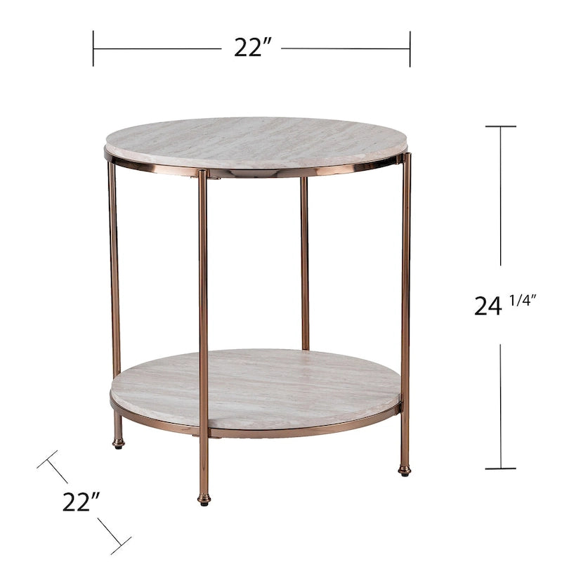 Round Faux Marble Side Table with Storage Shelf, Champagne Finish, Glam to Modern Style
