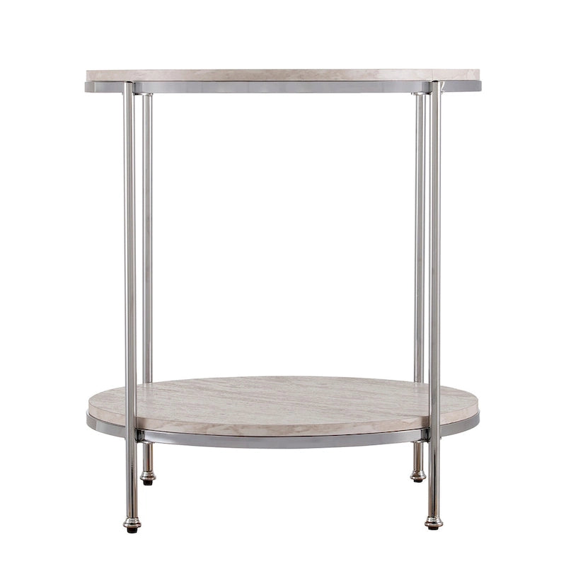 Round Faux Marble Side Table with Storage Shelf, Champagne Finish, Glam to Modern Style