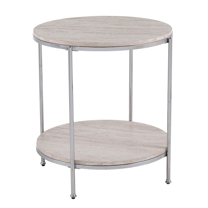 Round Faux Marble Side Table with Storage Shelf, Champagne Finish, Glam to Modern Style