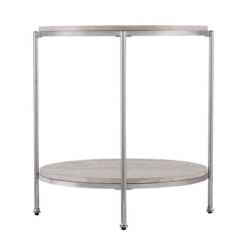 Round Faux Marble Side Table with Storage Shelf, Champagne Finish, Glam to Modern Style