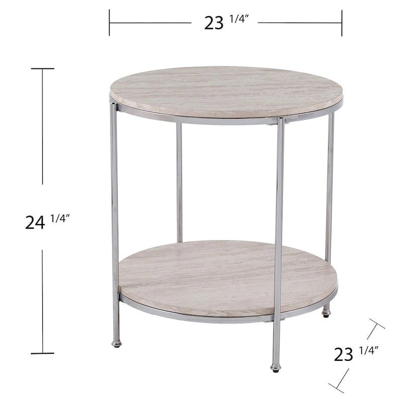 Round Faux Marble Side Table with Storage Shelf, Champagne Finish, Glam to Modern Style