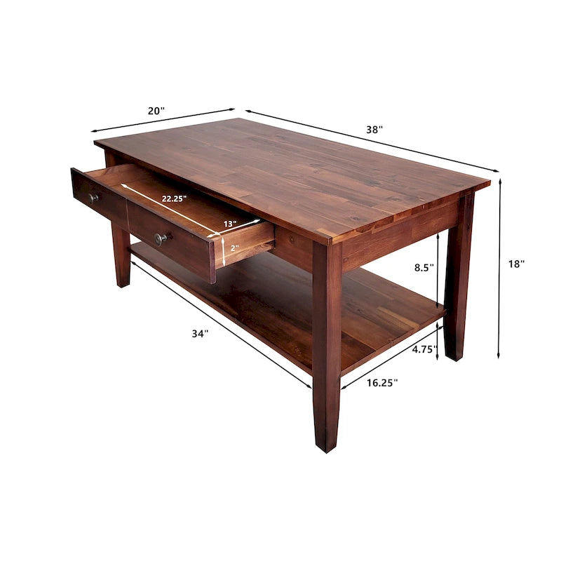 Solid Acacia Wood Coffee Table with Drawer and Bottom Storage Shelf