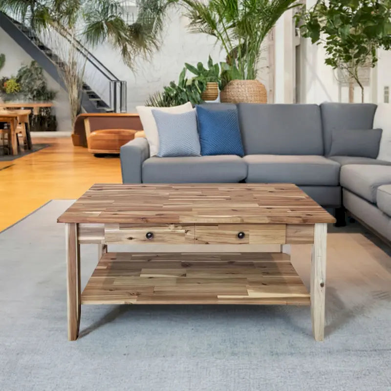 Solid Acacia Wood Coffee Table with Drawer and Bottom Storage Shelf