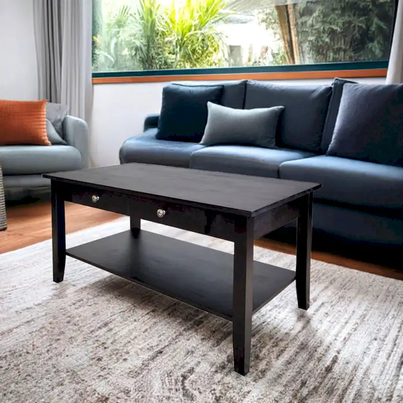 Solid Acacia Wood Coffee Table with Drawer and Bottom Storage Shelf