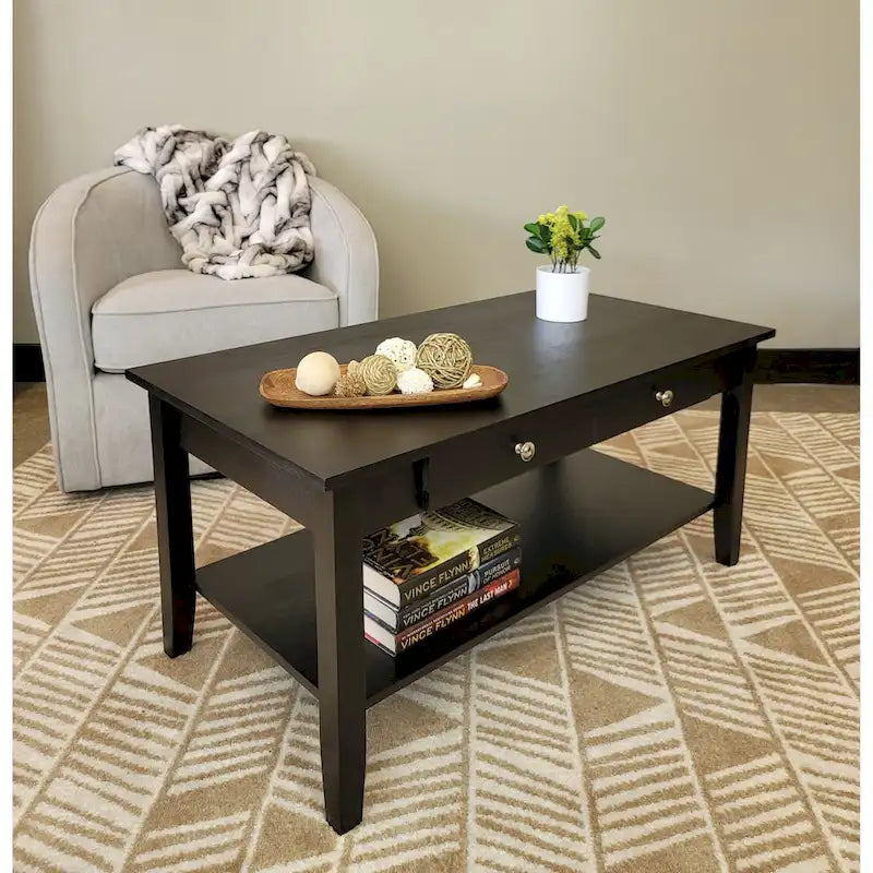 Solid Acacia Wood Coffee Table with Drawer and Bottom Storage Shelf