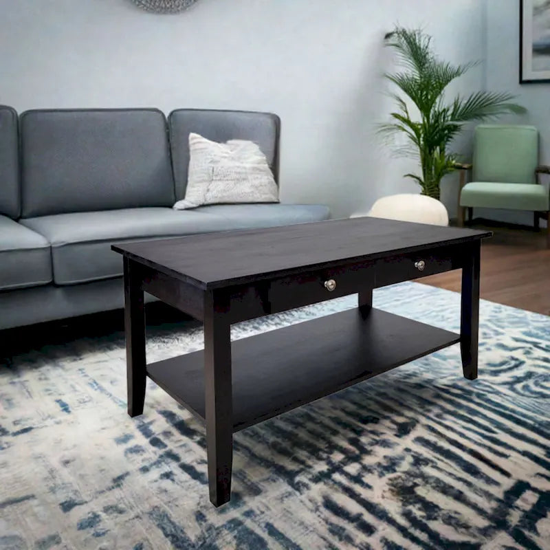 Solid Acacia Wood Coffee Table with Drawer and Bottom Storage Shelf