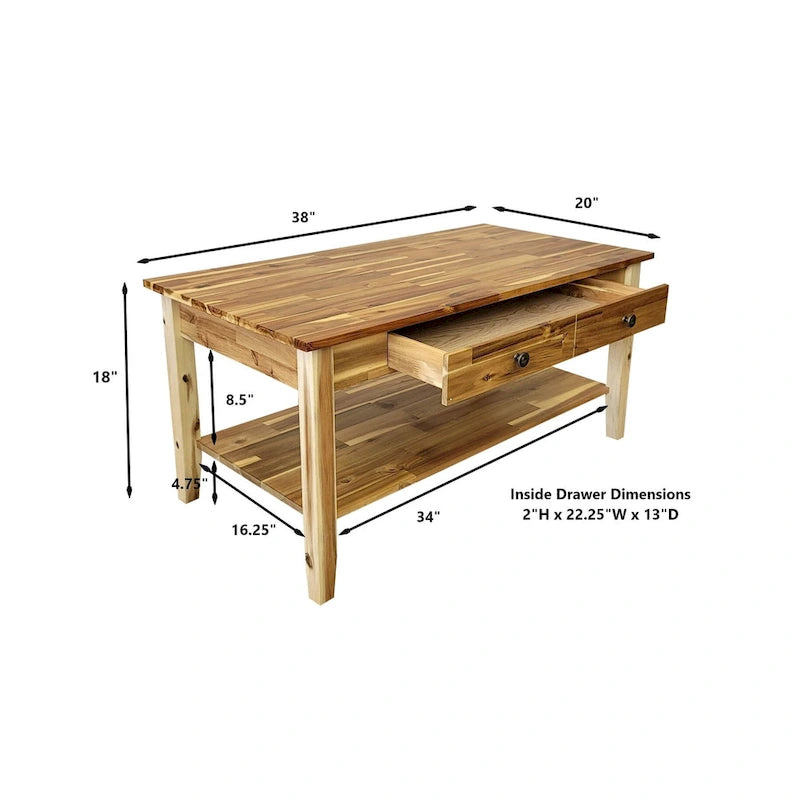 Solid Acacia Wood Coffee Table with Drawer and Bottom Storage Shelf