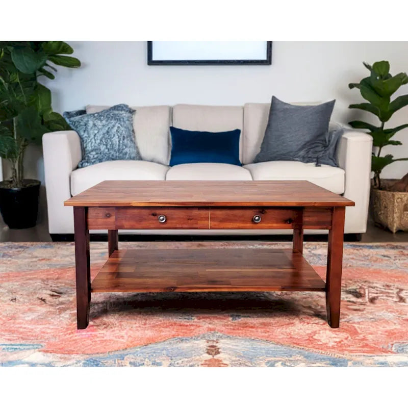 Solid Acacia Wood Coffee Table with Drawer and Bottom Storage Shelf