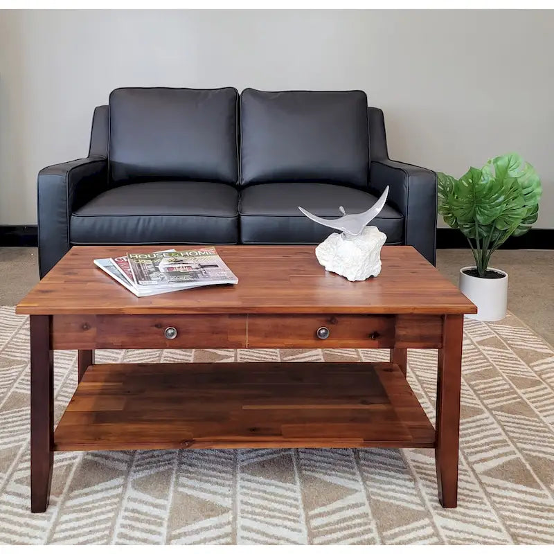 Solid Acacia Wood Coffee Table with Drawer and Bottom Storage Shelf