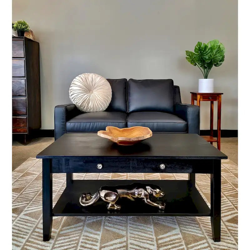 Solid Acacia Wood Coffee Table with Drawer and Bottom Storage Shelf