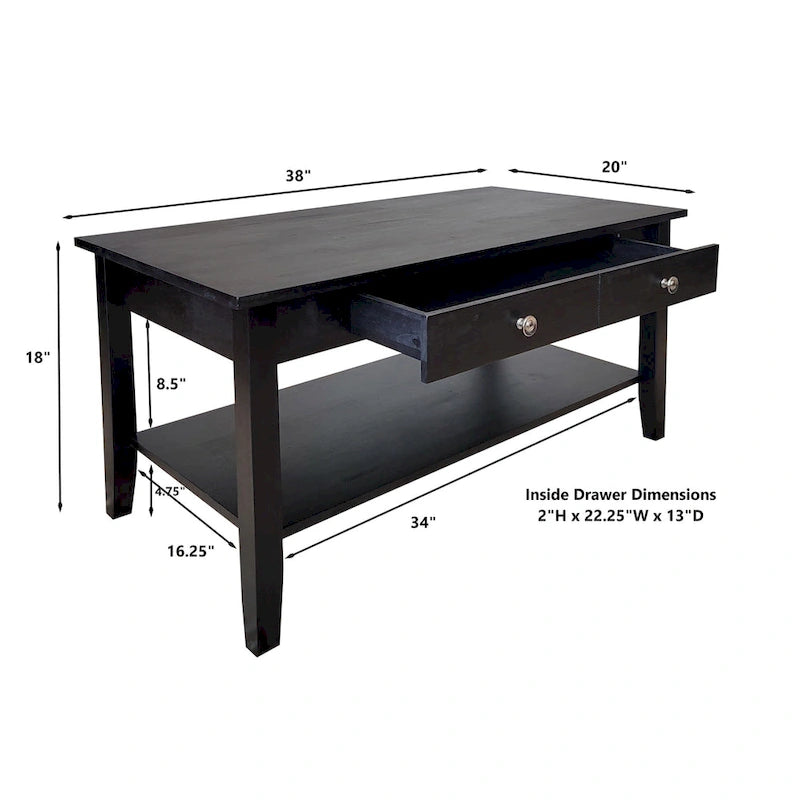 Solid Acacia Wood Coffee Table with Drawer and Bottom Storage Shelf