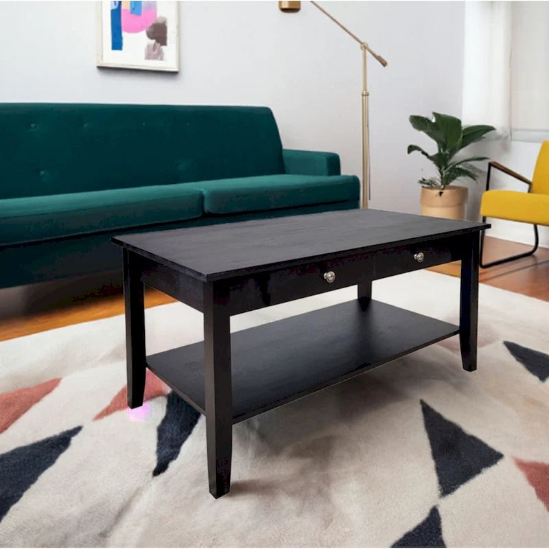 Solid Acacia Wood Coffee Table with Drawer and Bottom Storage Shelf