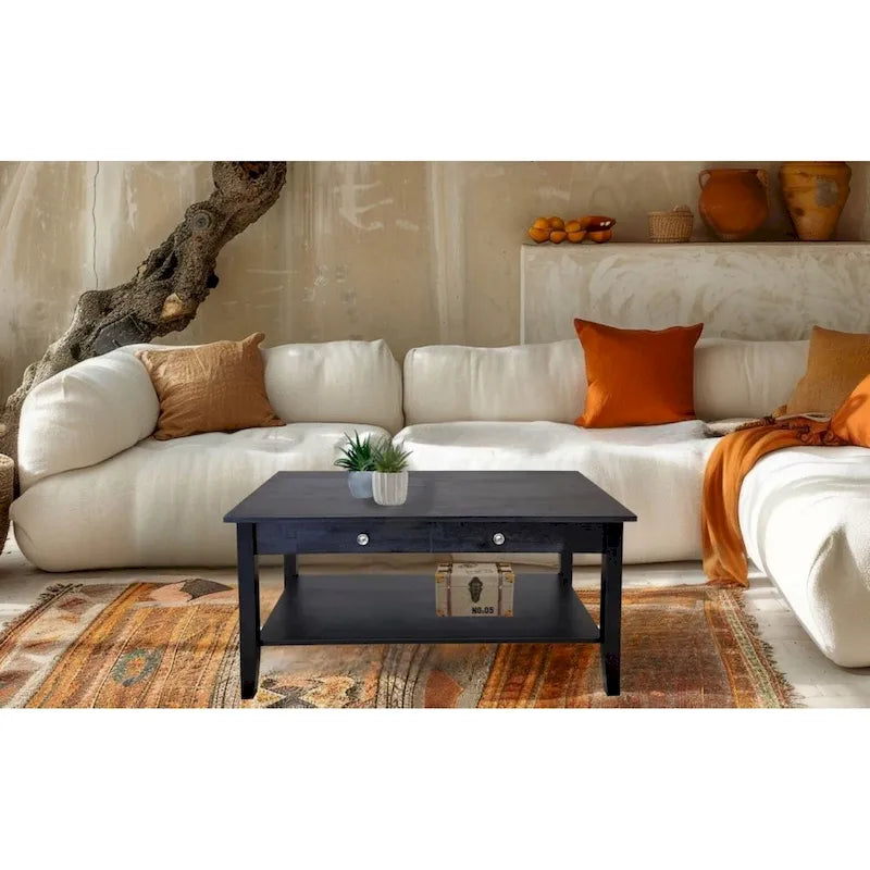 Solid Acacia Wood Coffee Table with Drawer and Bottom Storage Shelf