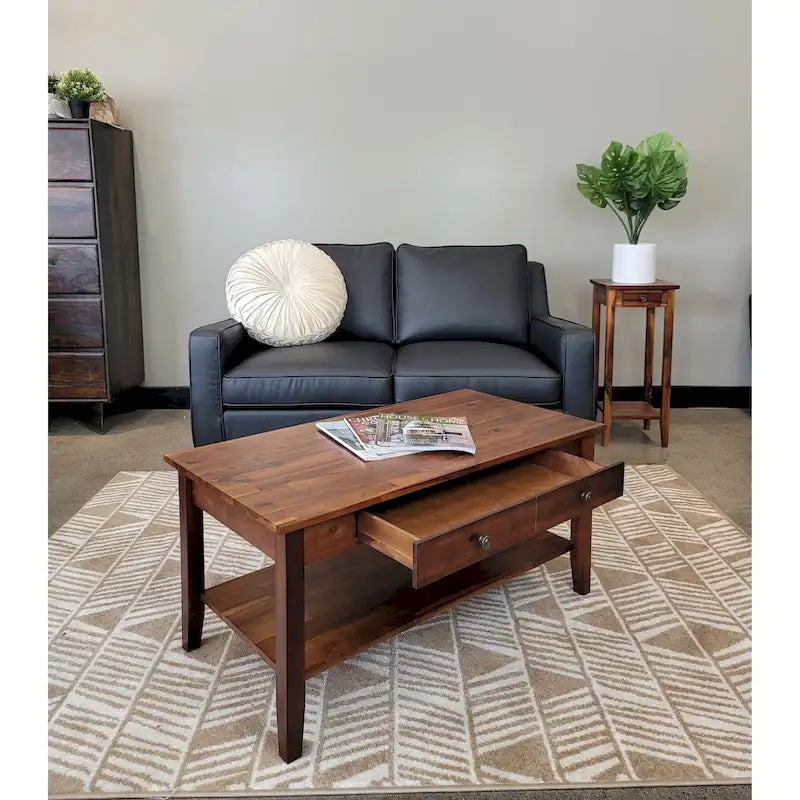 Solid Acacia Wood Coffee Table with Drawer and Bottom Storage Shelf