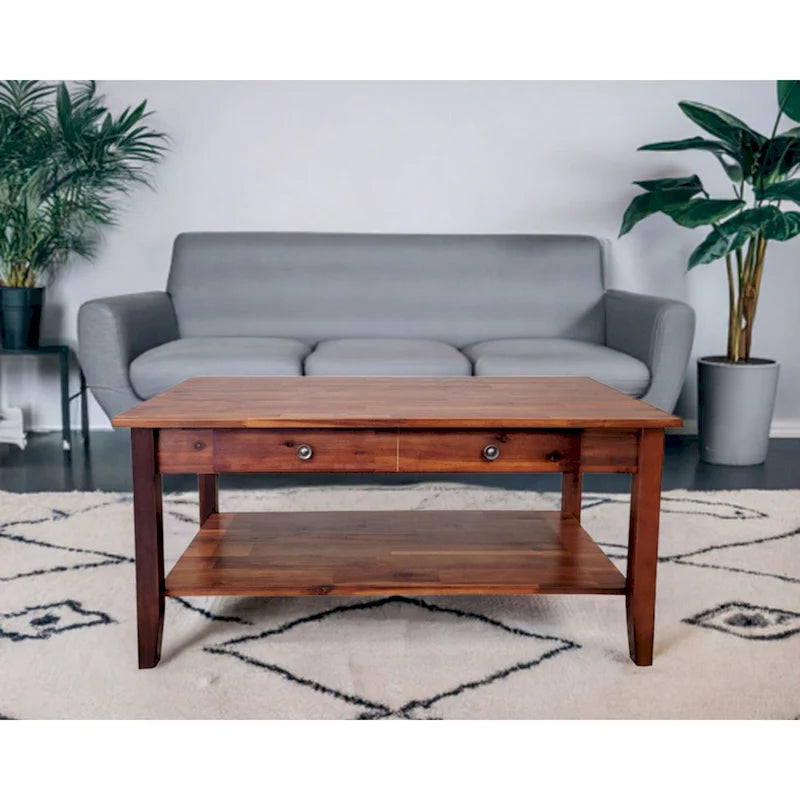 Solid Acacia Wood Coffee Table with Drawer and Bottom Storage Shelf