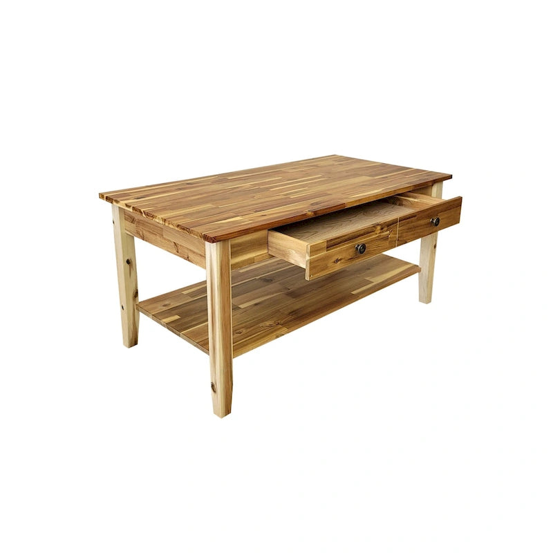 Solid Acacia Wood Coffee Table with Drawer and Bottom Storage Shelf