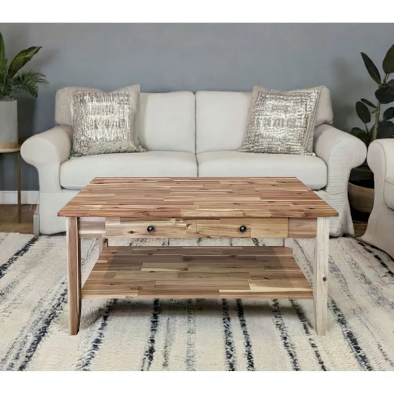 Solid Acacia Wood Coffee Table with Drawer and Bottom Storage Shelf
