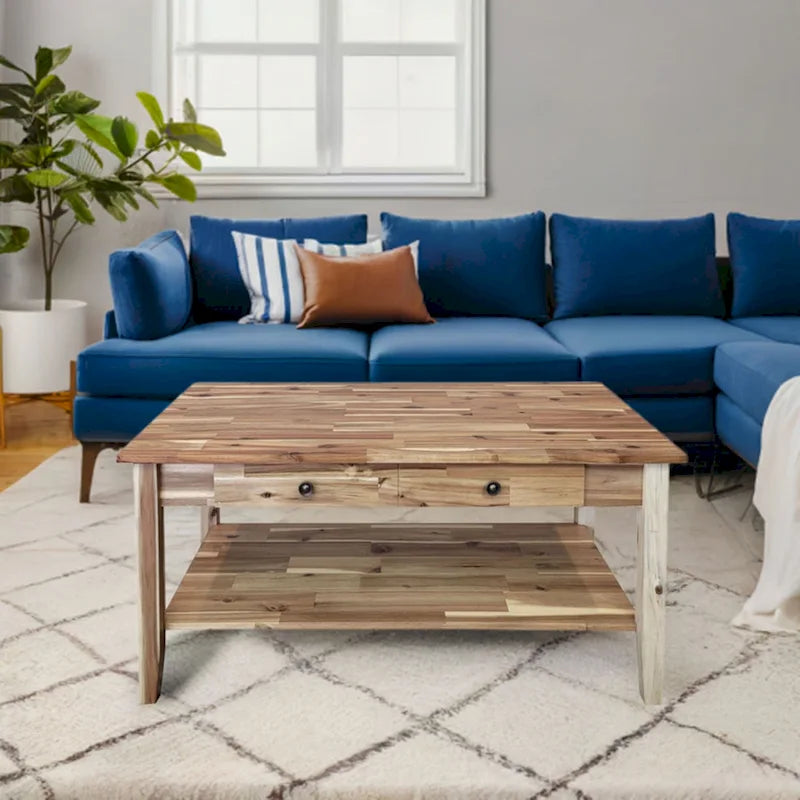 Solid Acacia Wood Coffee Table with Drawer and Bottom Storage Shelf