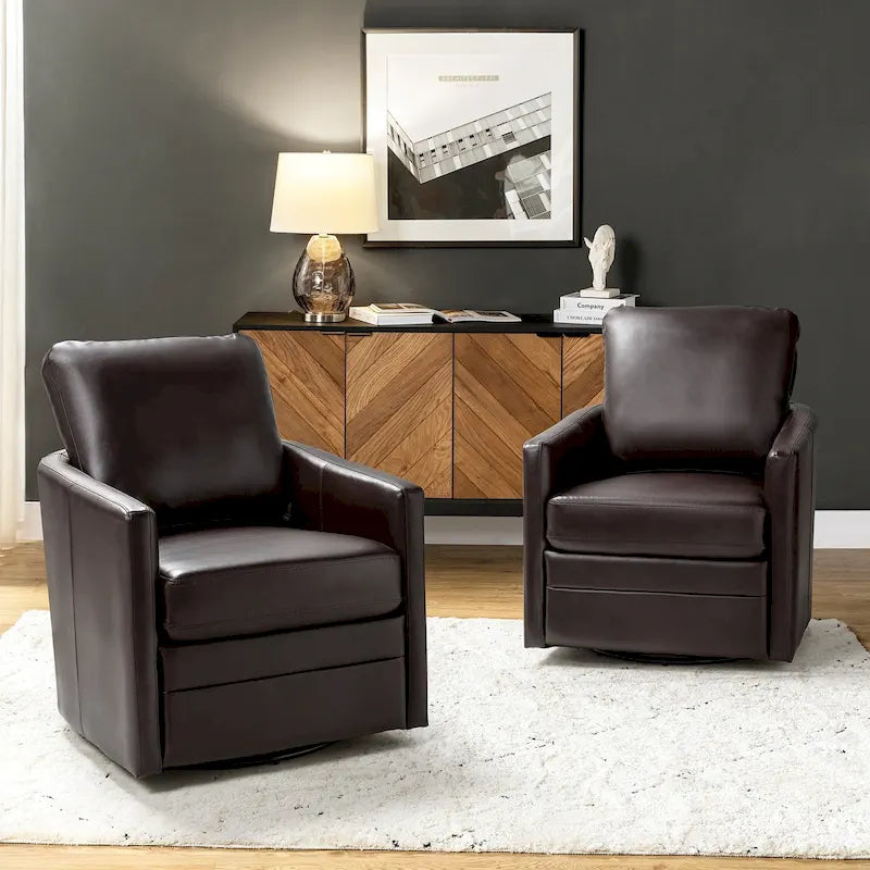 Transitional Swivel Faux Leather Barrel Chair with Metal Base Set of 2