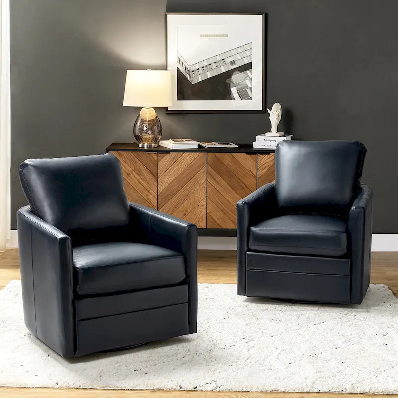 Transitional Swivel Faux Leather Barrel Chair with Metal Base Set of 2